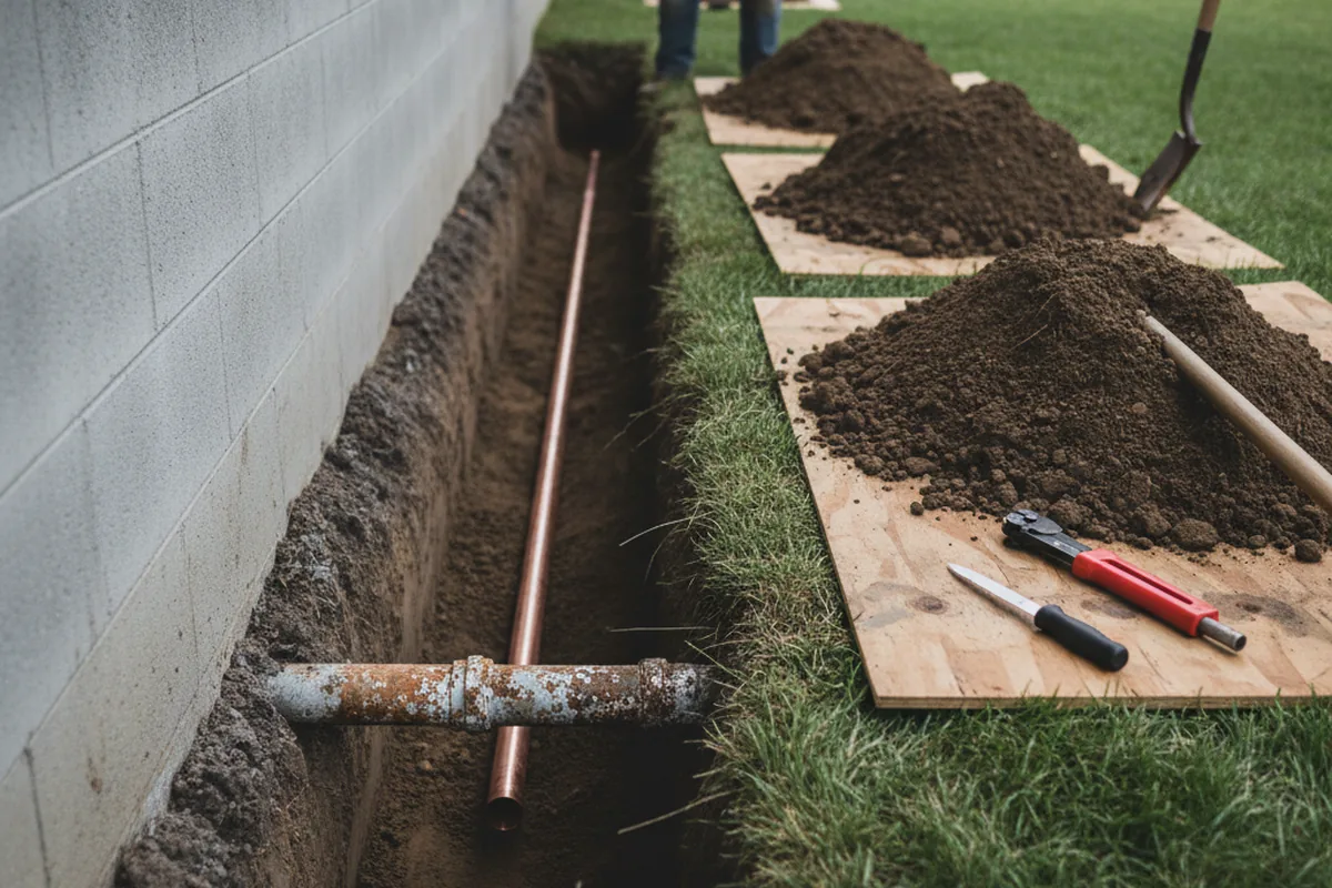 Excavated water line trench during Water Softener Installation in Garvin